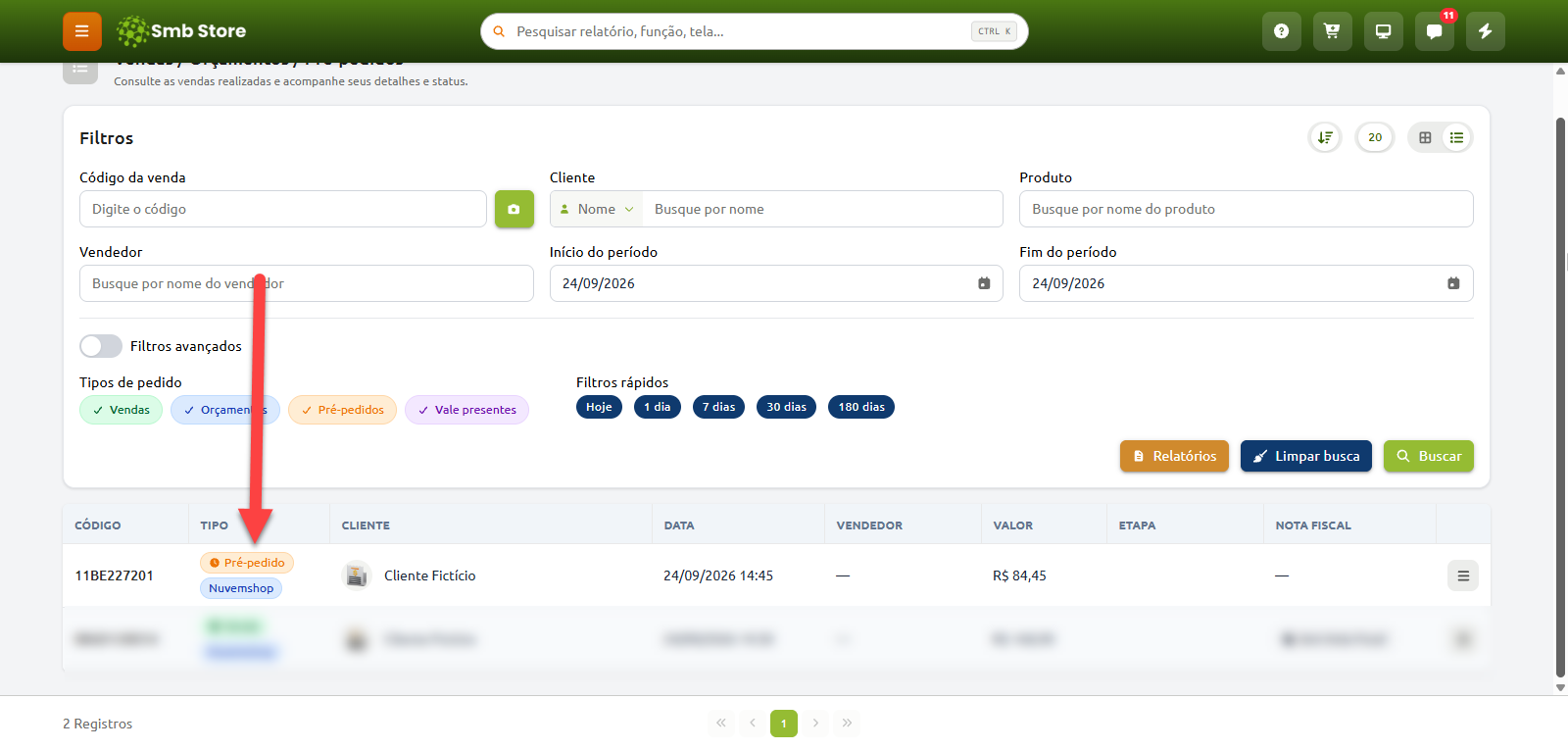 Tela de consulta de vendas com campos de filtro e listagem de pedidos, destacando um registro identificado como "Pré-pedido" integrado à Nuvemshop.