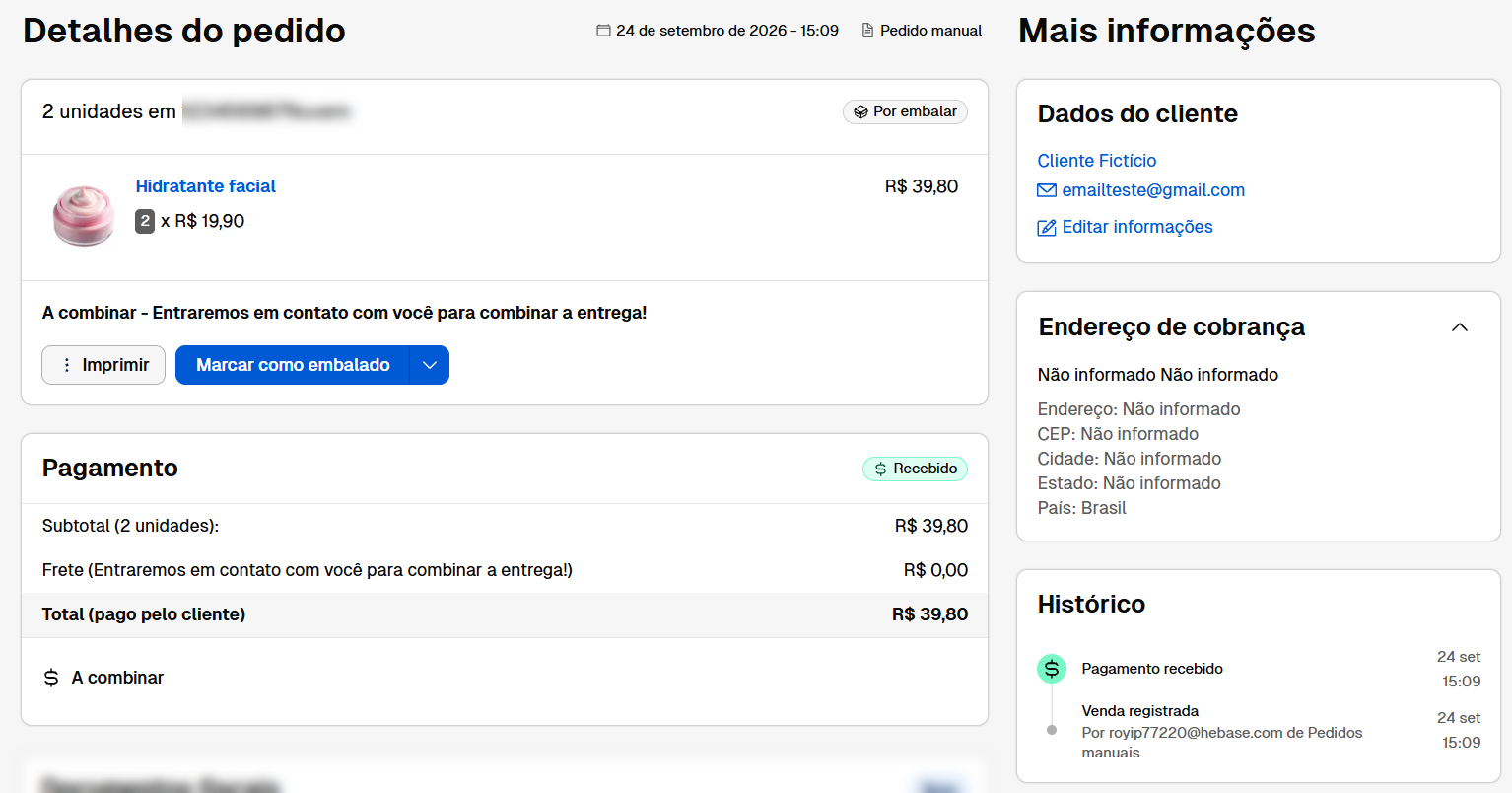 Tela de detalhes do pedido em uma plataforma de e-commerce, exibindo itens comprados com status "Por embalar", dados do cliente, endereço de cobrança, resumo financeiro com pagamento recebido e histórico do pedido.
