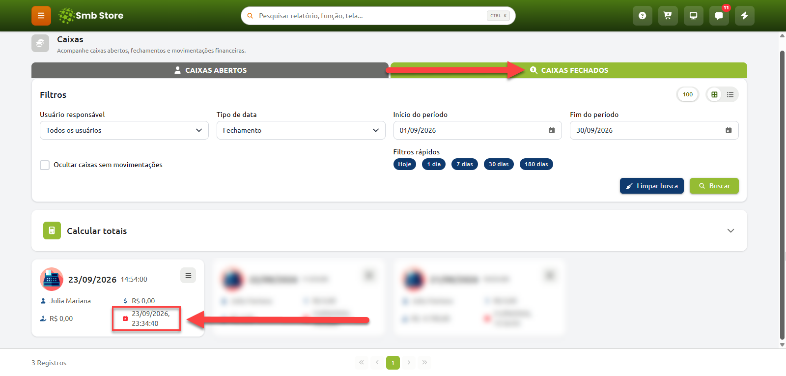 Tela de gerenciamento de caixas do Smb Store na aba "Caixas Fechados", exibindo filtros de busca por usuário e período, além dos cartões com os registros dos caixas e destaque para a data e hora de fechamento.