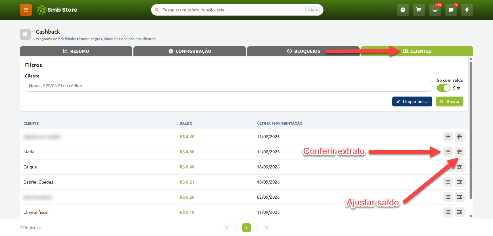 Tela da aba Clientes no módulo de Cashback do Smb Store, com filtros de pesquisa e lista de clientes exibindo saldo e data da última movimentação, além de botões de ação para conferir extrato e ajustar saldo de cada cliente.