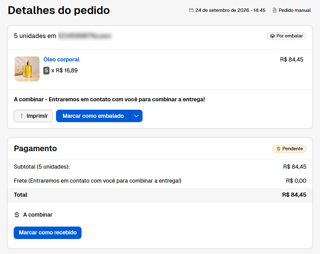 Tela de detalhes do pedido exibindo o item comprado com status por embalar, opções para imprimir e marcar como embalado, além da seção de pagamento com status pendente, valor total e opção para marcar como recebido.