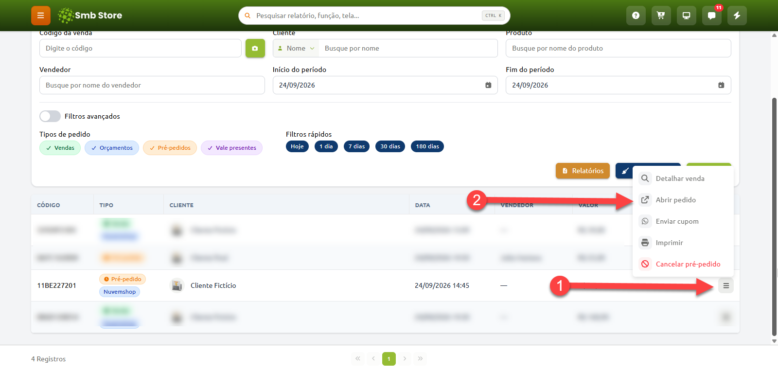 Tela de consulta de pedidos no Smb Store, com indicação para clicar no menu de opções de um pré-pedido listado e selecionar a opção "Abrir pedido".
