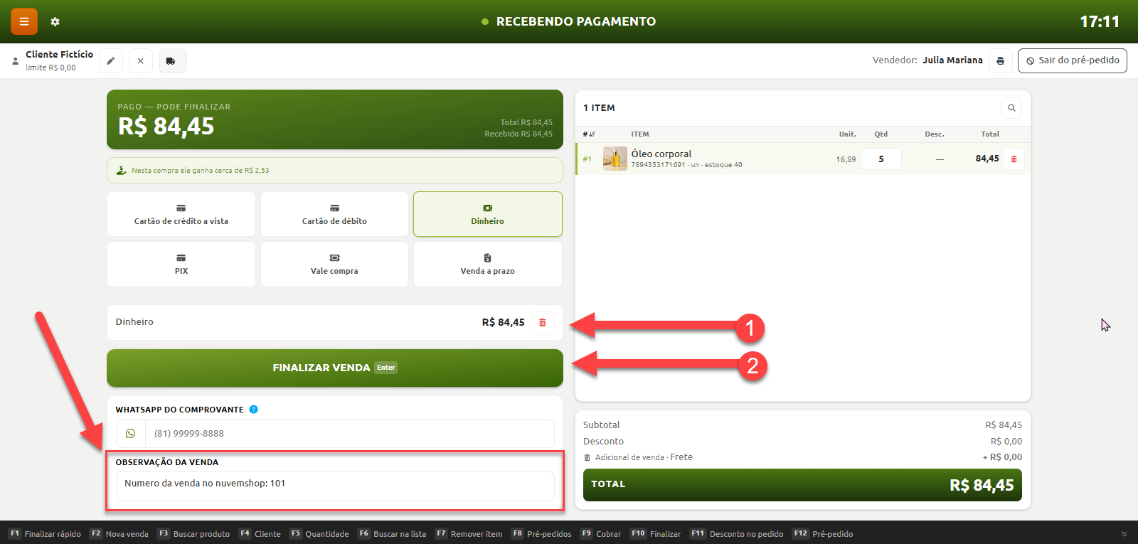 Tela de recebimento de pagamento no sistema de vendas exibindo os itens do pedido, o valor total e as formas de pagamento disponíveis, com destaque para a inclusão de observação na venda, a confirmação do pagamento em dinheiro e o botão para finalizar a venda.