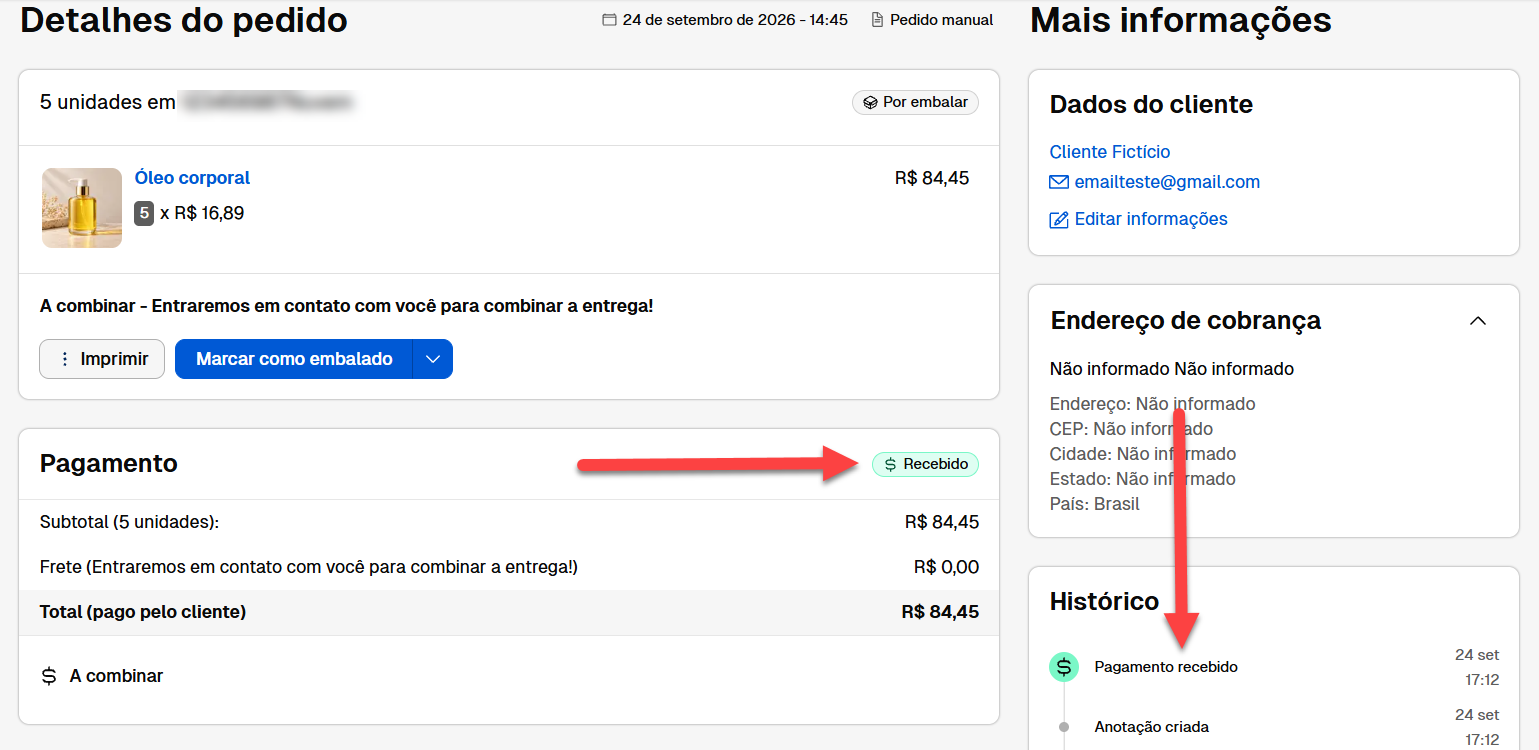 Tela de detalhes de um pedido em um sistema de e-commerce, destacando o status "Recebido" na seção de pagamento e o registro de "Pagamento recebido" na linha do tempo do histórico.