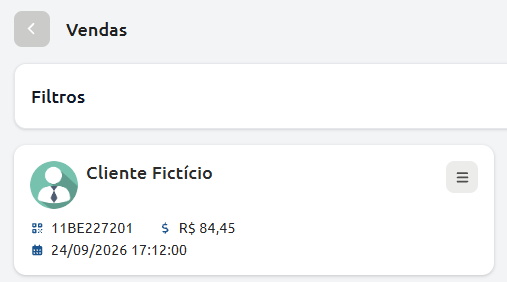 Tela de vendas do caixa de vendas exibindo opção de filtros e o registro de uma venda para Cliente Fictício no valor de R$ 84,45, com código identificador e data.