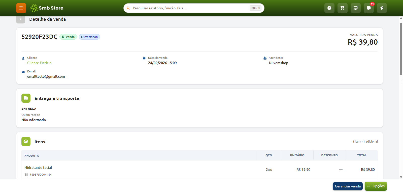 Tela de detalhe da venda no sistema Smb Store, exibindo o identificador do pedido integrado à Nuvemshop, valor total de R$ 39,80, dados do cliente fictício, informações de entrega e a lista de itens contendo duas unidades de hidratante facial.