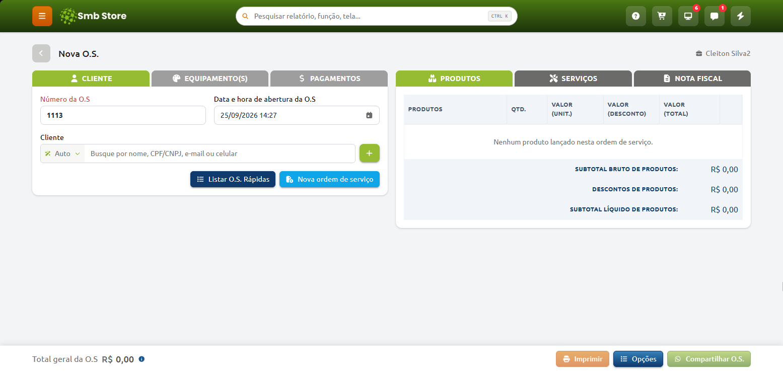 Tela de criação de nova ordem de serviço no sistema Smb Store, exibindo campos para número da O.S., data de abertura e busca de cliente, além de abas para equipamentos, pagamentos, serviços, nota fiscal e uma tabela de produtos vazia com subtotais zerados.
