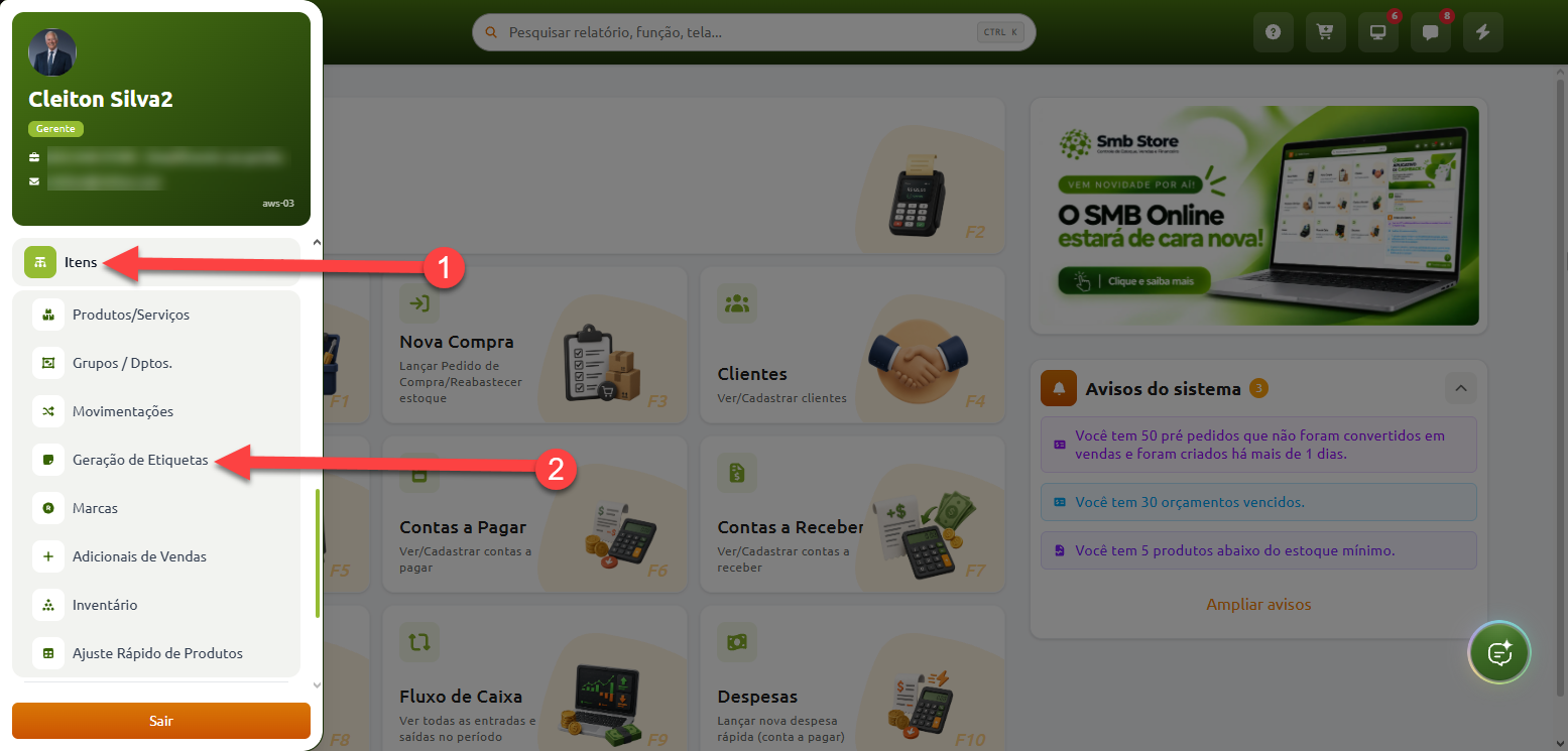 Menu lateral do sistema destacando o caminho de navegação: primeiro a opção "Itens" (1) e em seguida o submenu "Geração de Etiquetas" (2).