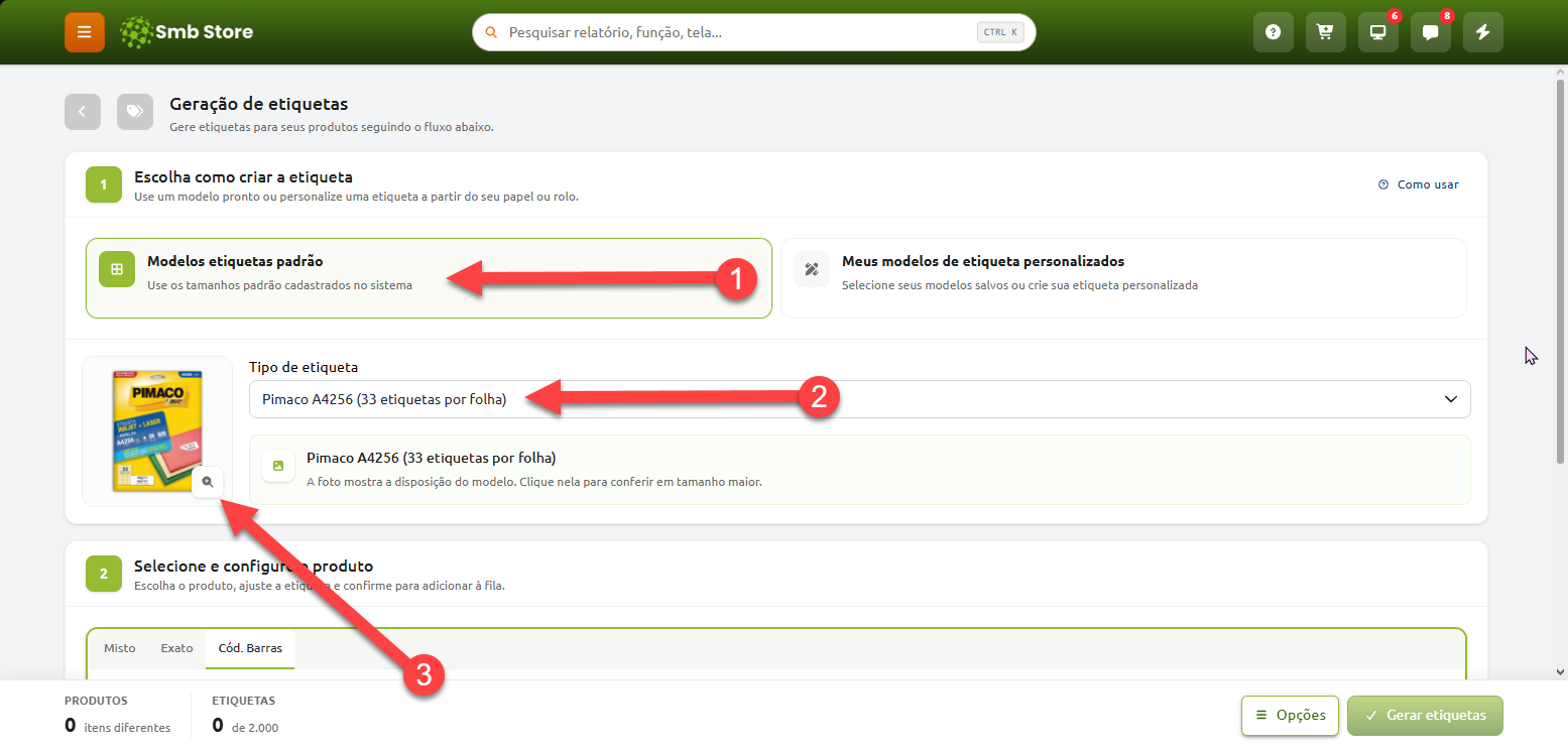 Tela de geração de etiquetas no sistema Smb Store, destacando o fluxo da primeira etapa com a seleção de modelos padrão, a escolha do tipo de etiqueta Pimaco e a visualização ampliada da disposição do modelo.