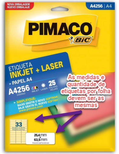Embalagem de etiquetas Pimaco código A4256 para impressoras Inkjet e Laser, com destaque indicando 33 etiquetas por folha e dimensões de 25,4 mm por 63,5 mm.