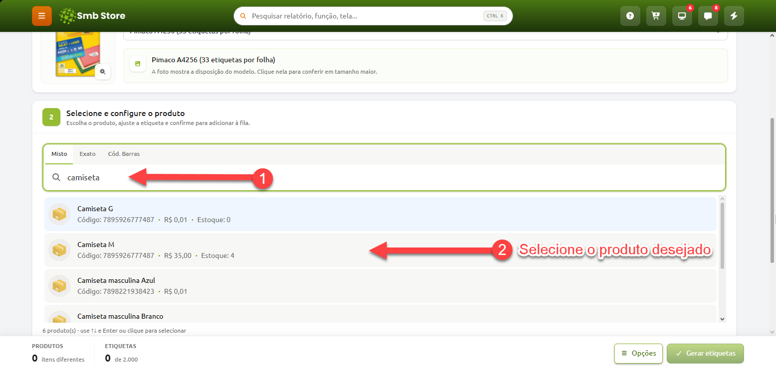 Tela de seleção e configuração de produtos no sistema Smb Store, demonstrando a busca por um item e a seleção do produto desejado na lista de resultados para geração de etiquetas.