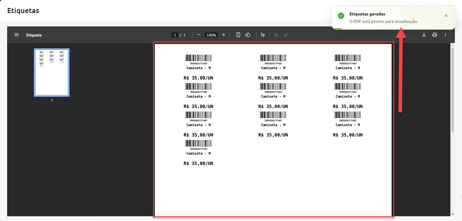 Visualizador de PDF com a prévia de impressão de etiquetas geradas para o produto Camiseta - M, exibindo código de barras e preço unitário, acompanhado da notificação de confirmação de etiquetas geradas no canto superior direito.