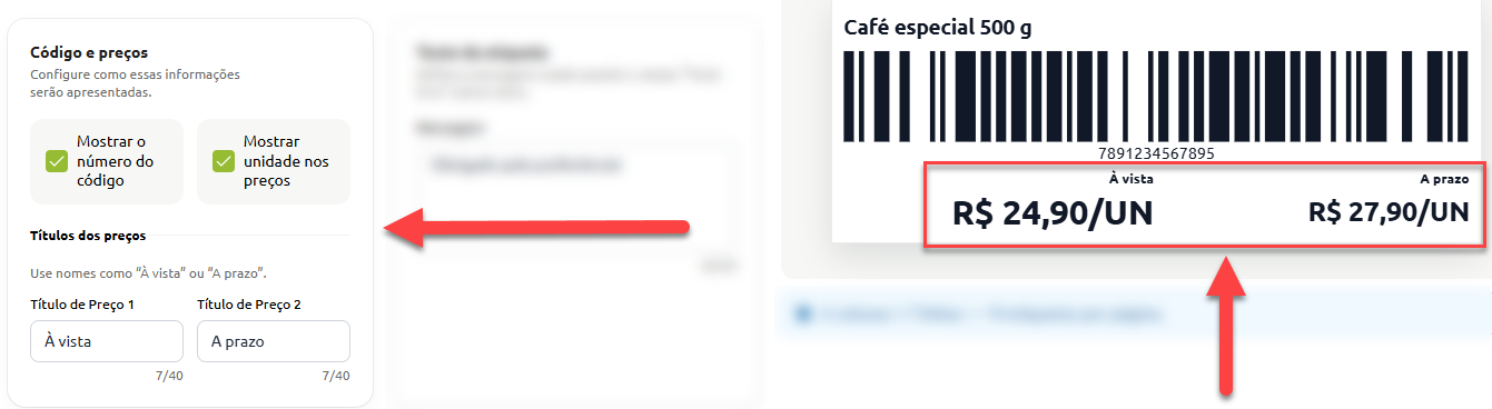 Painel de configuração de etiquetas de produto com opções para exibir número do código de barras, unidade de medida e títulos personalizados para os preços, com pré-visualização da etiqueta de código de barras destacando os valores à vista e a prazo por unidade.
