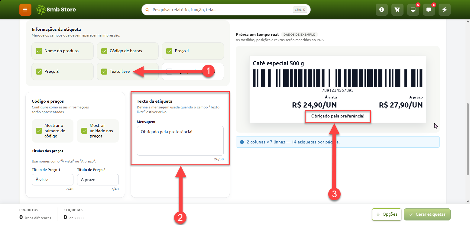 Tela de configuração e pré-visualização de etiquetas no Smb Store, destacando a ativação da opção de texto livre, o campo para preenchimento da mensagem personalizada e sua exibição na prévia da etiqueta.