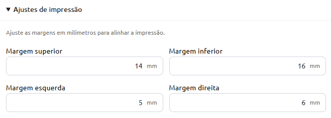 Painel de ajustes de impressão com campos para configuração das margens em milímetros: superior em 14 mm, inferior em 16 mm, esquerda em 5 mm e direita em 6 mm.