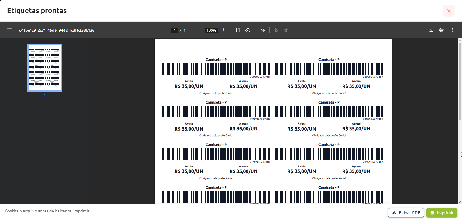 Tela de pré-visualização de etiquetas prontas para impressão ou download em PDF, exibindo código de barras, descrição do produto "Camiseta - P" e preços à vista e a prazo.