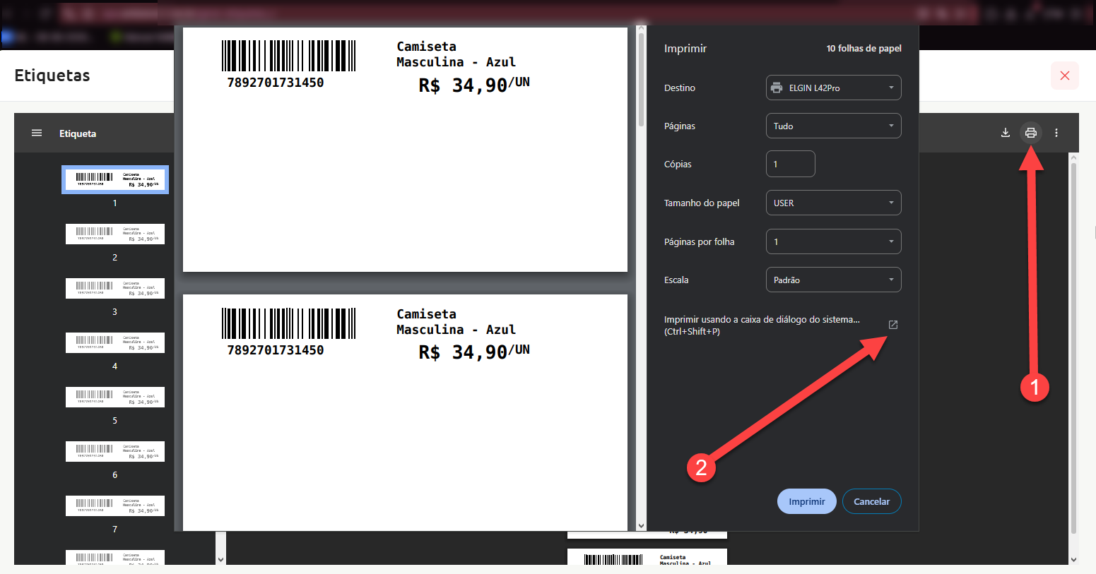 Tela de visualização e configuração de impressão de etiquetas de produtos, destacando o botão de impressão e a opção de imprimir usando a caixa de diálogo do sistema.