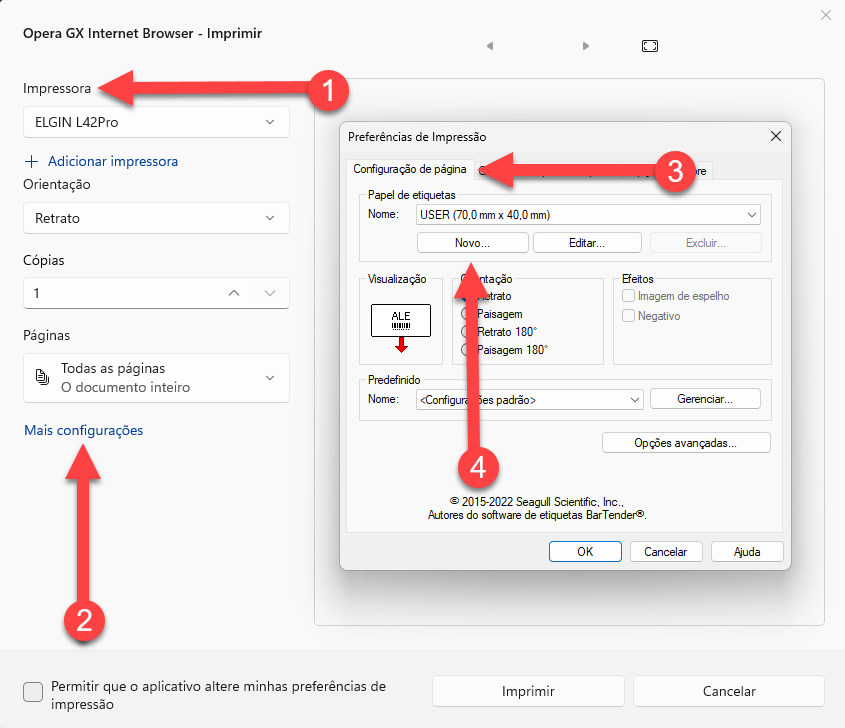 Instruções numeradas para configuração de impressão de etiquetas no Opera GX: passo 1 seleciona a impressora ELGIN L42Pro, passo 2 acessa "Mais configurações", passo 3 abre a aba "Configuração de página" na janela de Preferências de Impressão, e passo 4 indica a opção "Novo..." no grupo Papel de etiquetas.