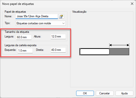 Janela de configuração de novo papel de etiquetas, destacando os campos de tamanho da etiqueta e larguras da cartela exposta ao lado de um painel de visualização com as proporções definidas.