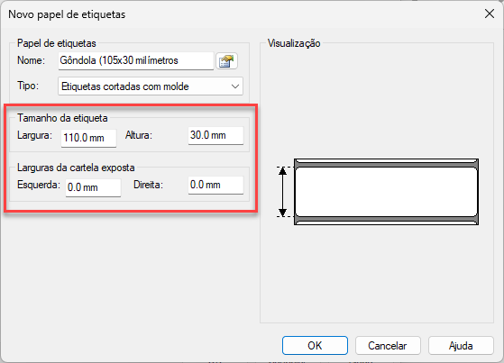 Janela de configuração de novo papel de etiquetas com destaque para os campos de tamanho da etiqueta e larguras da cartela exposta, acompanhada por um esquema visual de pré-visualização das dimensões.