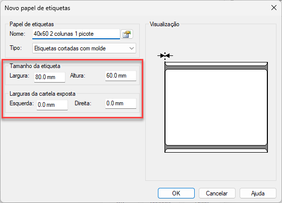 Janela de configuração de novo papel de etiquetas, destacando os campos para definir a largura (80,0 mm) e altura (60,0 mm) da etiqueta, além das margens da cartela exposta, acompanhada por uma área de visualização gráfica.