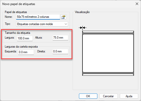 Tela de configuração "Novo papel de etiquetas", destacando os campos de "Tamanho da etiqueta" definidos com 100,0 mm de largura e 75,0 mm de altura, além das margens da cartela e a área de visualização da etiqueta.