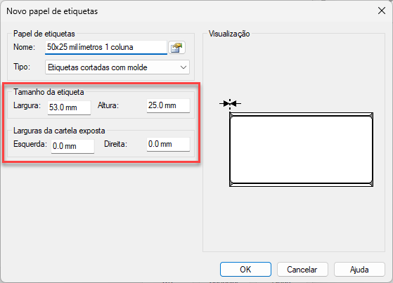 Janela de configuração de novo papel de etiquetas, destacando os campos de tamanho da etiqueta e margens da cartela, ao lado de uma área de pré-visualização.