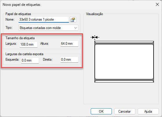 Janela de configuração de novo papel de etiquetas, destacando os campos de definição de dimensões com valores para largura e altura da etiqueta e larguras da cartela exposta, acompanhados do painel de visualização gráfica.