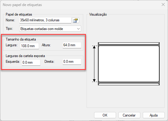 Janela de configuração de novo papel de etiquetas, destacando os campos para definição de tamanho da etiqueta e larguras da cartela exposta, acompanhados da pré-visualização do modelo.