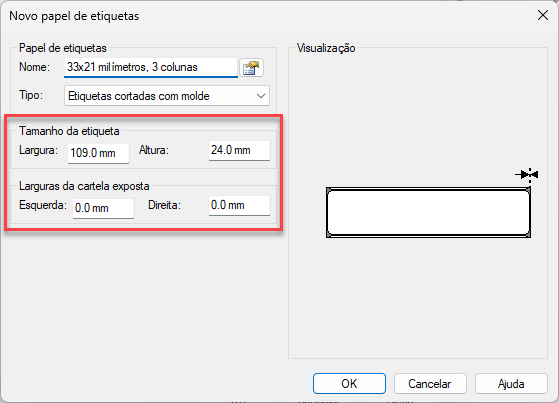 Janela de configuração de novo papel de etiquetas, com campos destacados para definição das dimensões de largura e altura da etiqueta e larguras das margens da cartela, acompanhados de uma pré-visualização gráfica.