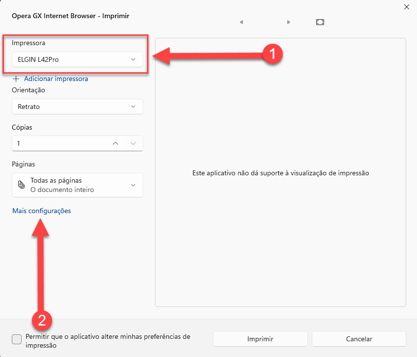 Janela de impressão do Opera GX destacando a seleção da impressora ELGIN L42Pro na etapa um e a opção Mais configurações na etapa dois.
