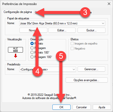 Janela de preferências de impressão na aba Configuração de página, indicando a seleção do papel de etiquetas "Joias 95x12mm Alça Direita (60,0 mm x 12,0 mm)" e o botão OK para confirmar.