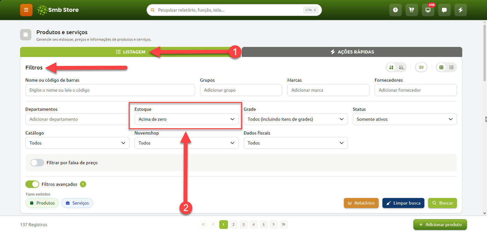 Tela de listagem de produtos e serviços no Smb Store, destacando a seção de filtros com a opção de estoque selecionada como 'Acima de zero'.