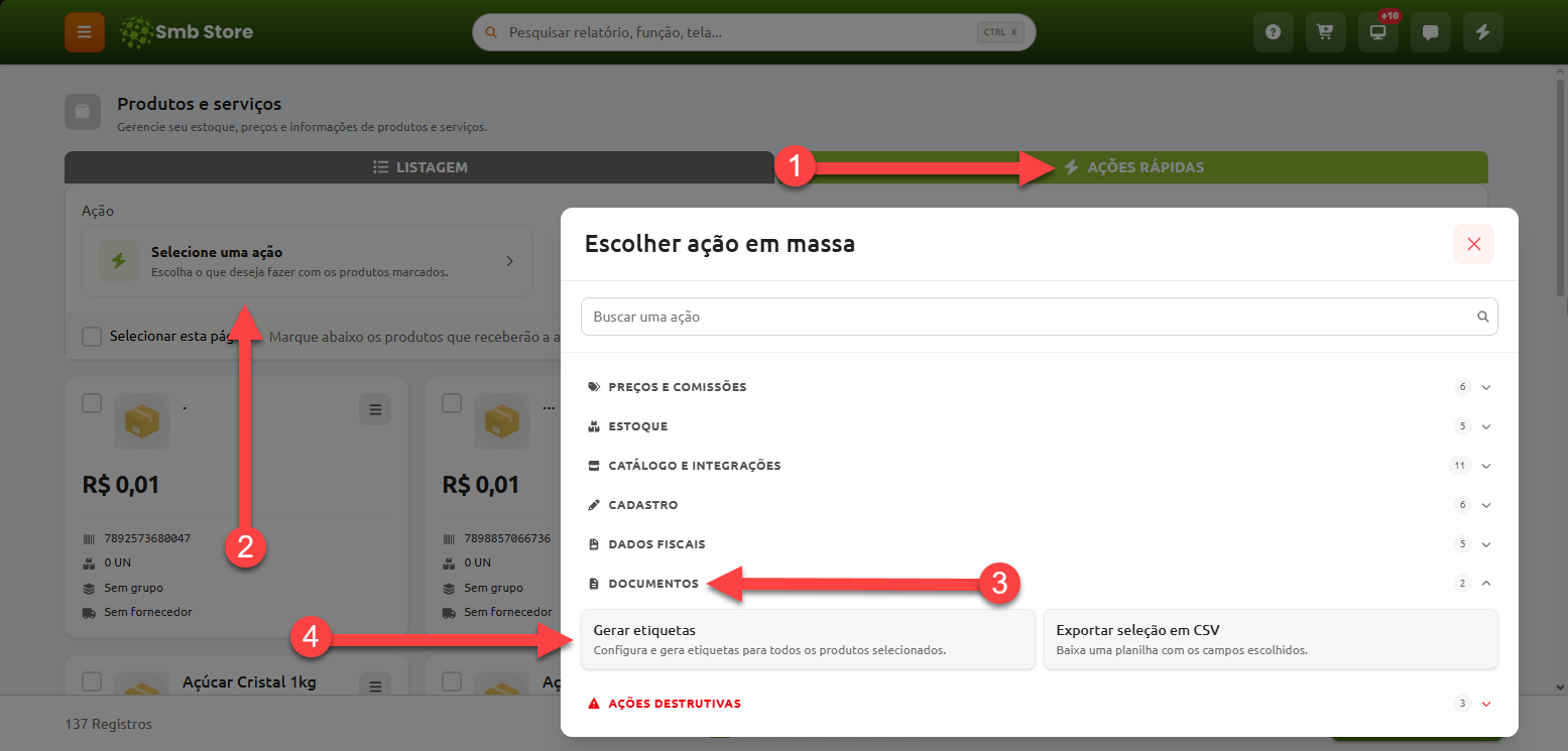 Passo a passo na tela de produtos e serviços para gerar etiquetas em lote através do menu de ações rápidas, selecionando a categoria de documentos na janela de ações em massa.
