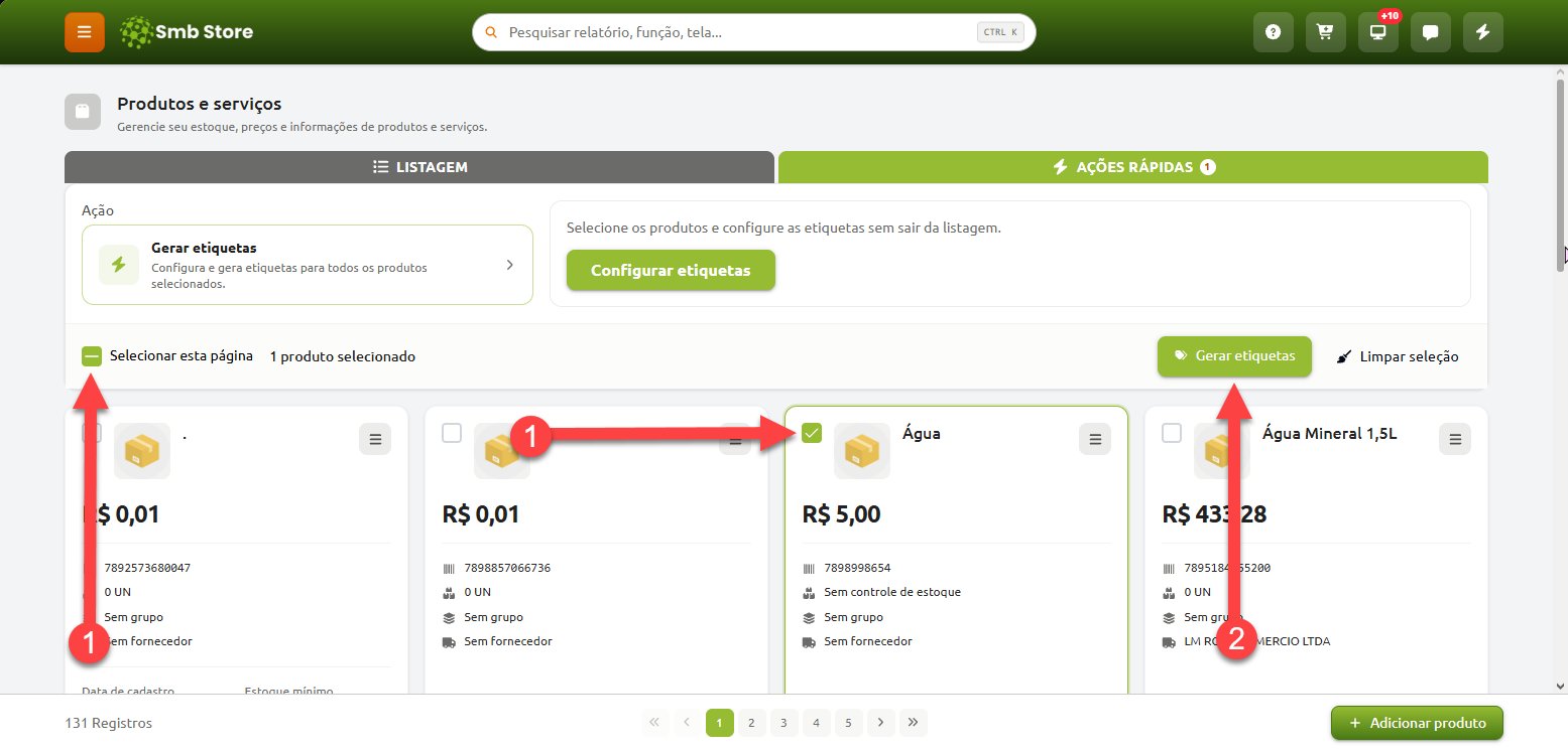 Tela de produtos e serviços do sistema Smb Store, indicando a seleção de um item da lista e o clique no botão "Gerar etiquetas".