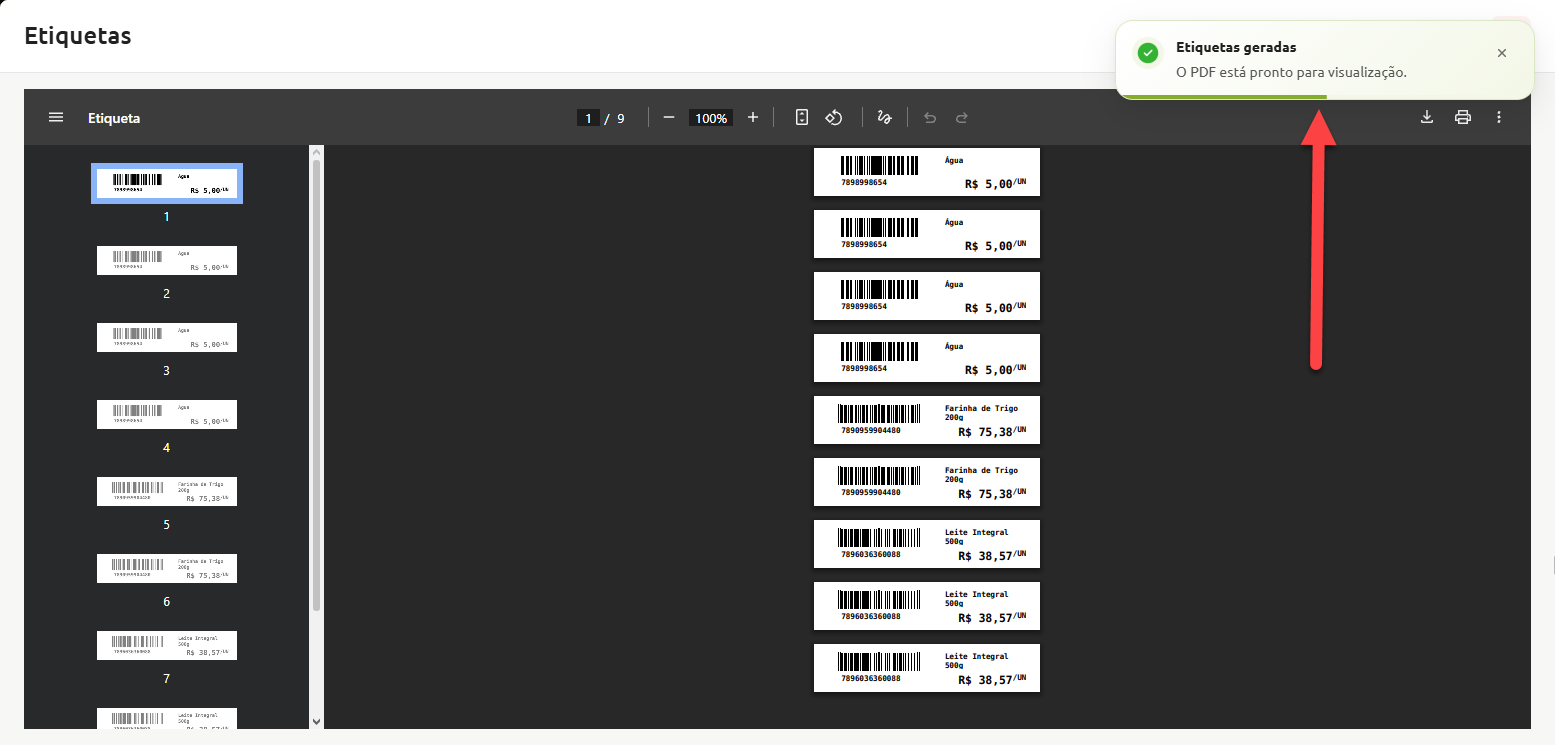 Tela de visualização de etiquetas geradas em PDF, com uma notificação indicando que o documento está pronto para visualização.