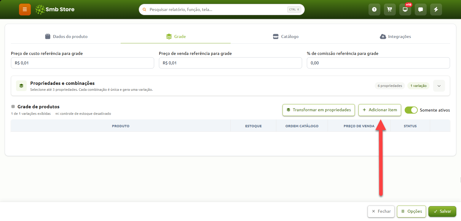Tela de configuração de grade de produtos no sistema Smb Store, exibindo campos para preços e comissão de referência, opções de combinações e uma seta vermelha apontando para o botão "Adicionar item" na grade.