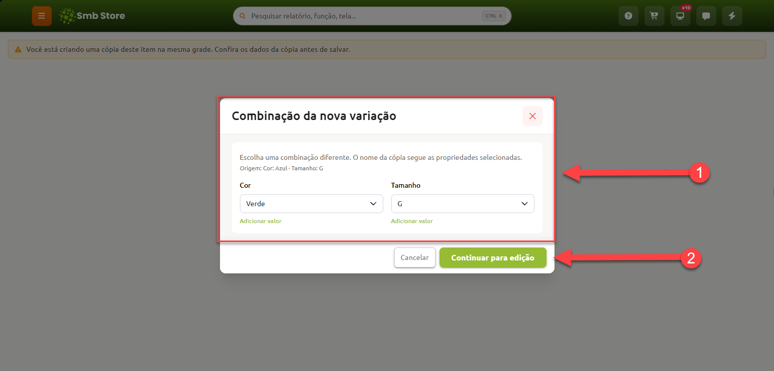 Janela modal do sistema Smb Store para definir uma nova combinação de variação do produto, com campos para selecionar opções como cor e tamanho e o botão para continuar para a edição.