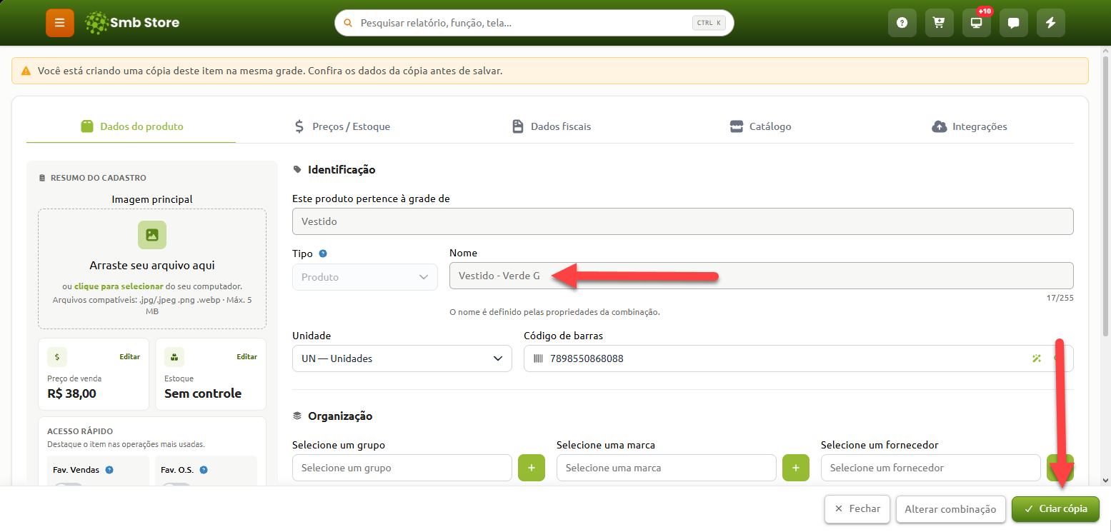 Tela de cadastro de produto no sistema Smb Store durante a criação de uma cópia em grade, destacando o campo do nome preenchido como "Vestido - Verde G" e o botão "Criar cópia".