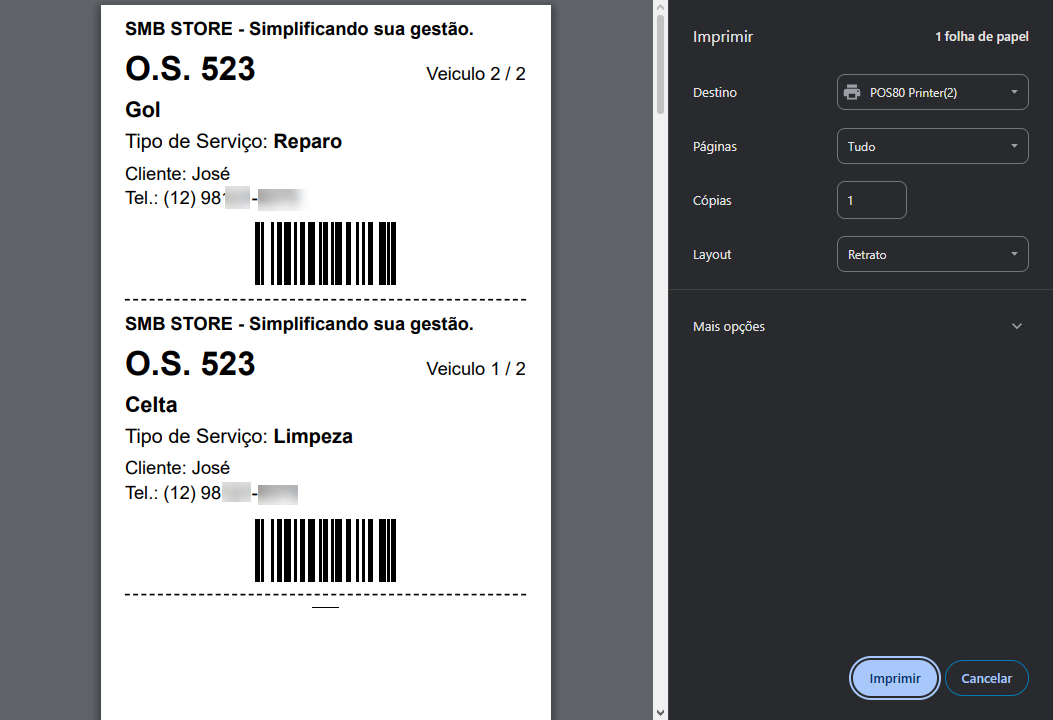 Janela de pré-visualização de impressão do sistema SMB Store exibindo comprovantes de ordem de serviço para dois veículos, com dados do cliente, tipo de serviço e código de barras, ao lado do painel de configurações de impressão para impressora térmica.
