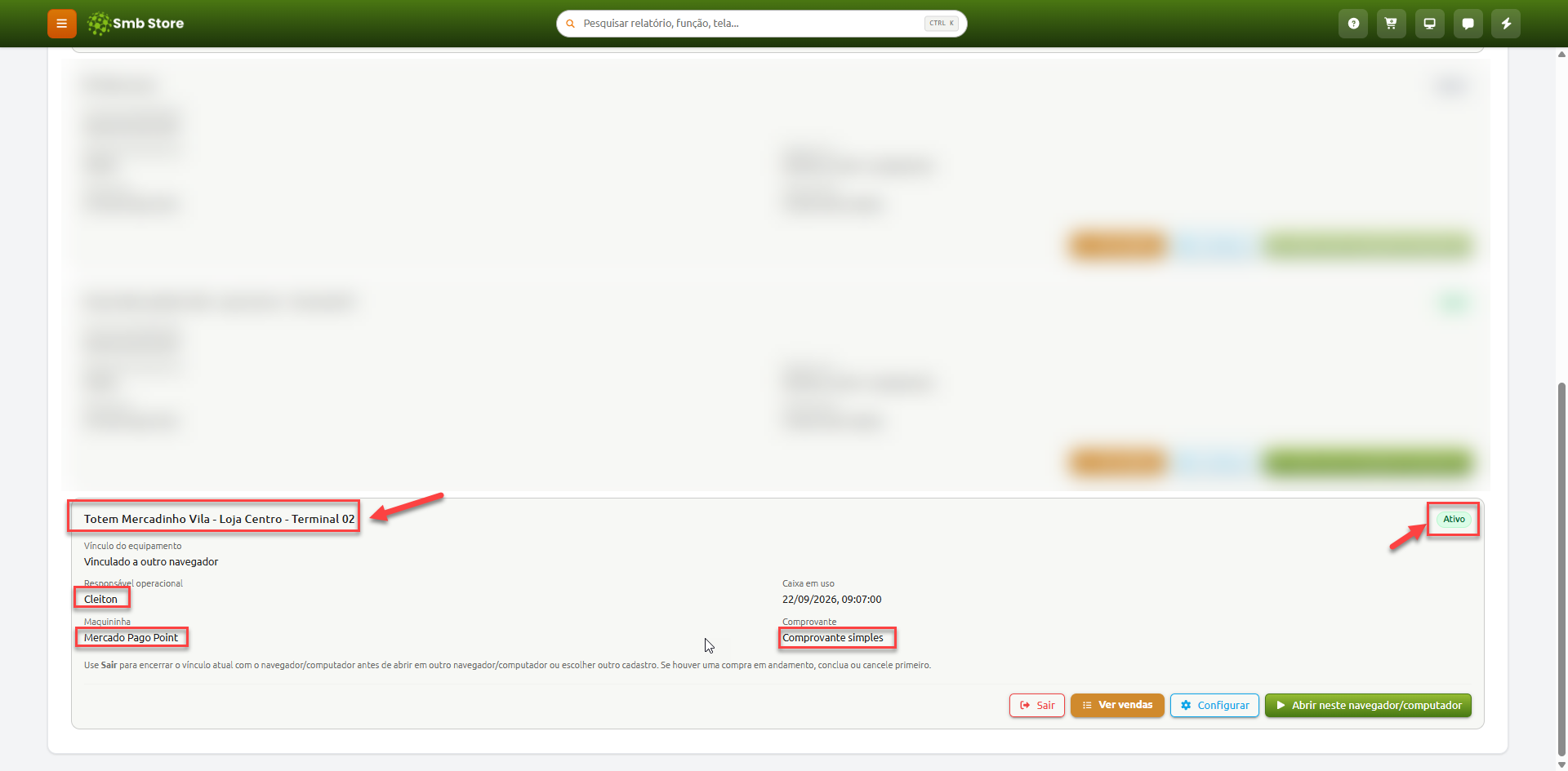 Tela do sistema Smb Store com a listagem de terminais, destacando os detalhes de um totem ativo vinculado a outro navegador, com informações de responsável operacional, maquininha configurada e tipo de comprovante.