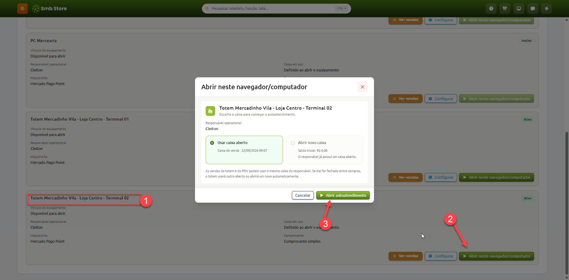 Tela do sistema Smb Store com a lista de terminais e uma janela aberta para iniciar o autoatendimento no terminal selecionado, com opção de usar um caixa aberto ou abrir um novo caixa. Setas e círculos numerados indicam o fluxo: selecionar o terminal 2, clicar no botão para abrir no navegador/computador e confirmar a abertura do autoatendimento.