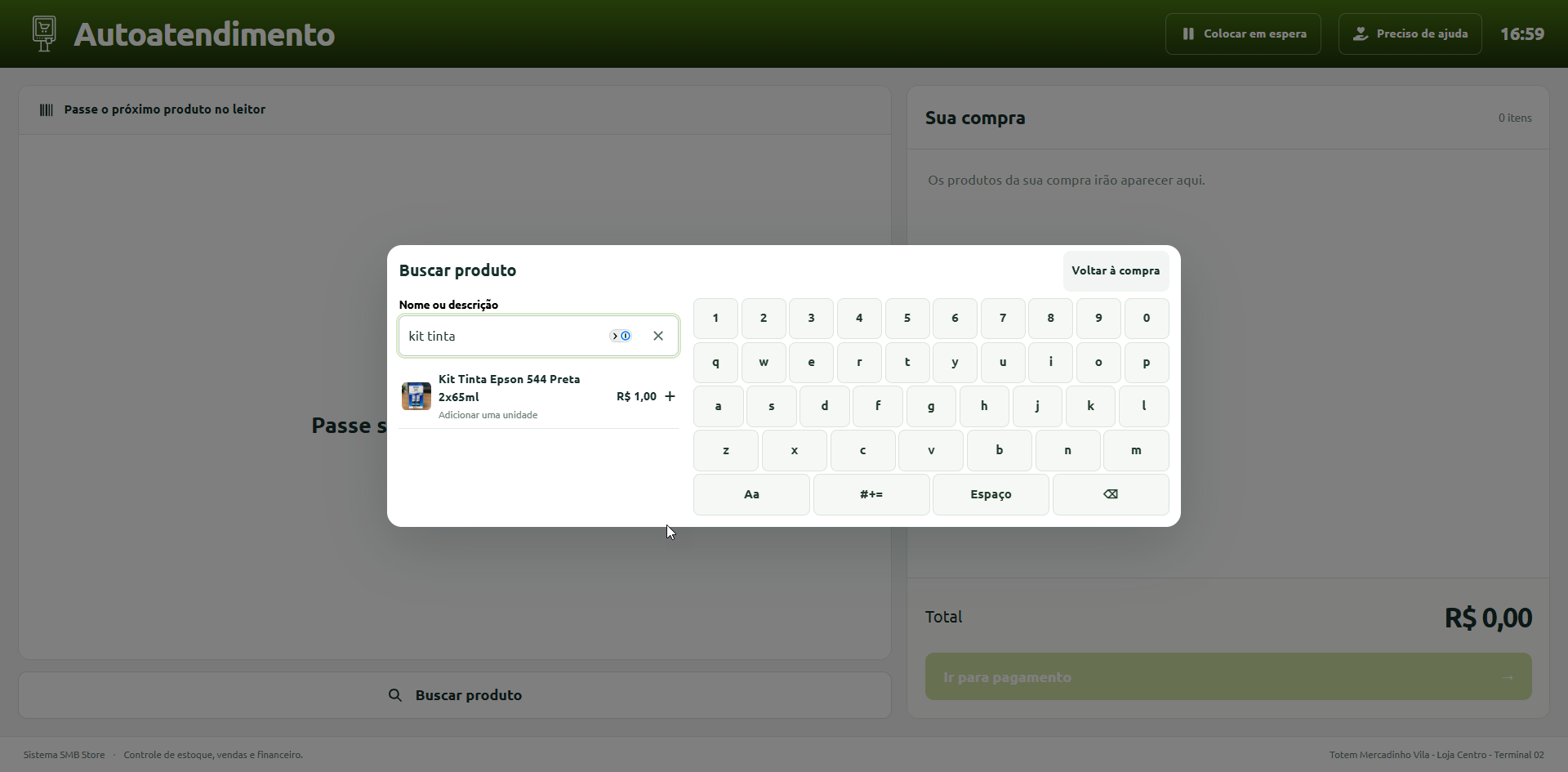 Tela de autoatendimento com modal de busca de produtos aberto, exibindo campo de pesquisa por nome com teclado virtual na tela e resultado correspondente para adição à compra.