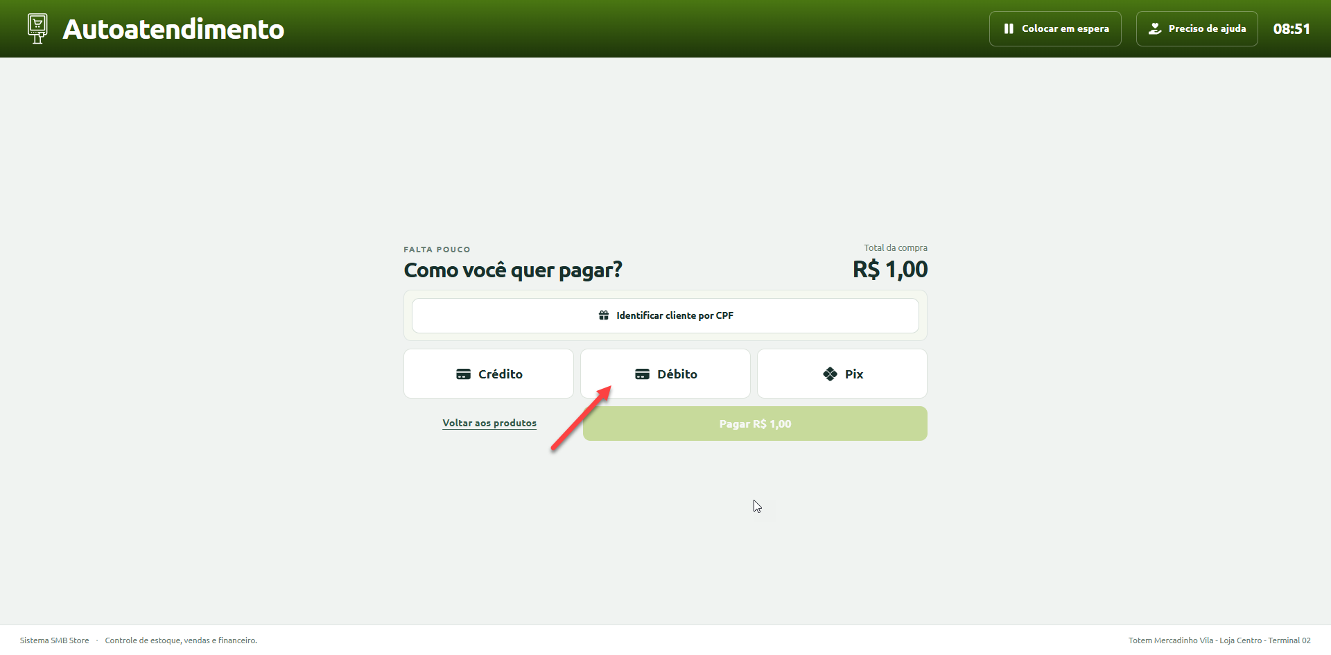 Tela de pagamento do autoatendimento exibindo o valor total da compra e as formas de pagamento disponíveis: Crédito, Débito e Pix, além do campo para identificação do cliente por CPF.