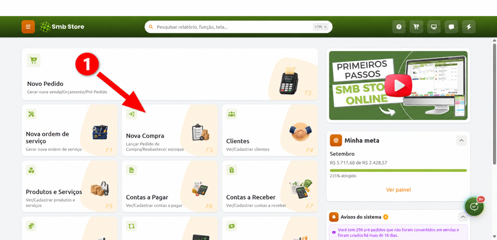 Painel principal do sistema Smb Store com indicação para a opção "Nova Compra", utilizada para lançar pedidos de compra e reabastecer o estoque.