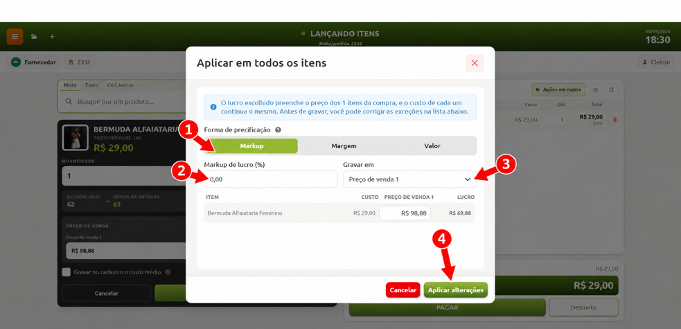 Janela de precificação em massa no lançamento de itens, exibindo o passo a passo numerado para selecionar a forma de precificação por markup, definir o percentual de lucro, escolher a tabela de preço de destino e confirmar a aplicação das alterações.