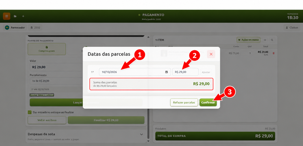 Janela de ajuste de datas das parcelas no sistema de pagamento, com campos destacados para alterar a data de vencimento da parcela, o valor correspondente e o botão para confirmar as alterações.