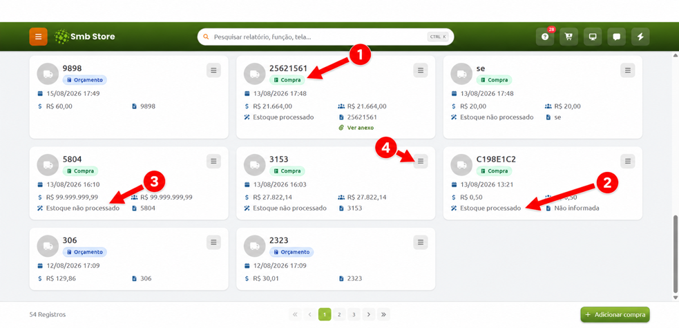Tela do sistema Smb Store com a listagem de registros em cartões, destacando a identificação de compras, os status de estoque processado e não processado, e o menu de opções de cada registro.