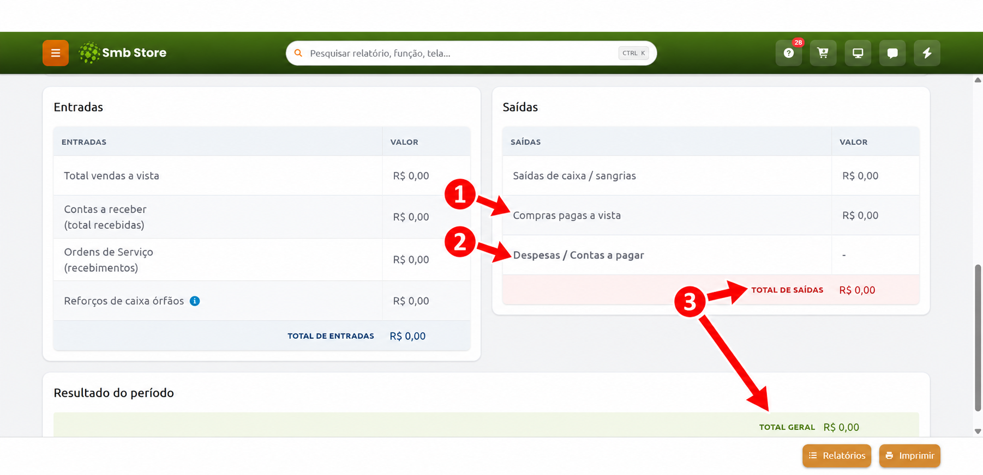 Tela de resumo financeiro com tabelas de entradas, saídas e resultado do período, destacando em sequência os campos de compras pagas à vista, despesas ou contas a pagar, o total de saídas e o total geral.