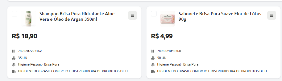 Cards de produtos no sistema de estoque ou catálogo, exibindo imagem, nome, preço, código de barras, quantidade em unidades, categoria e fornecedor de cada item.